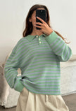 Adanne Polo Knit in Stripe Mint/Blue