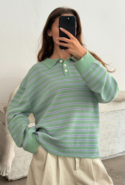 Adanne Polo Knit in Stripe Mint/Blue