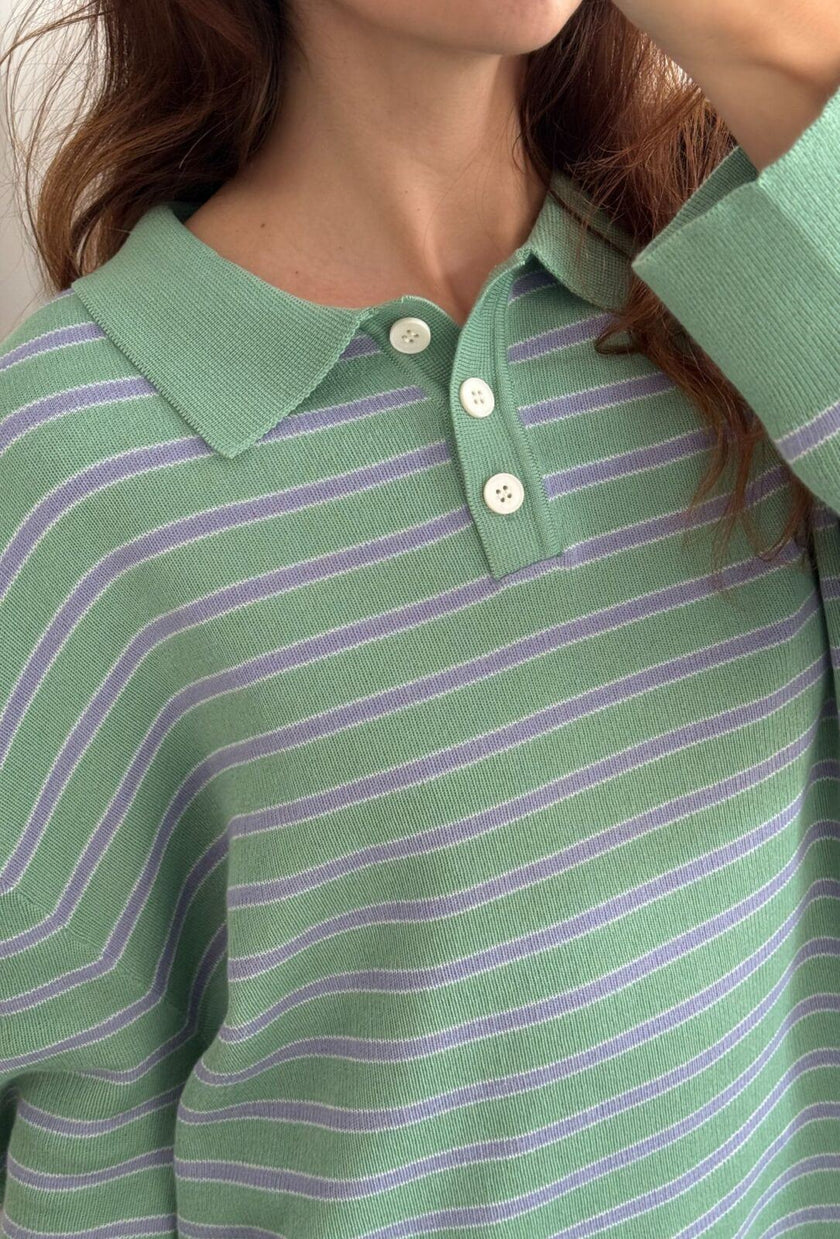 Adanne Polo Knit in Stripe Mint/Blue