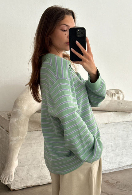 Adanne Polo Knit in Stripe Mint/Blue