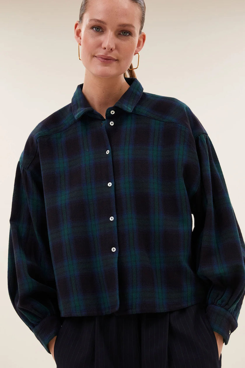 Sarah Short Green Check Blouse in Green Tartan Check