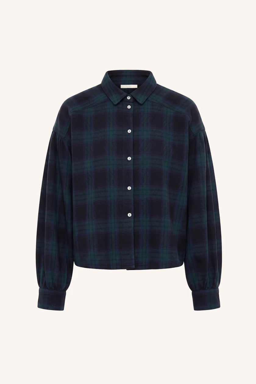 Sarah Short Green Check Blouse in Green Tartan Check
