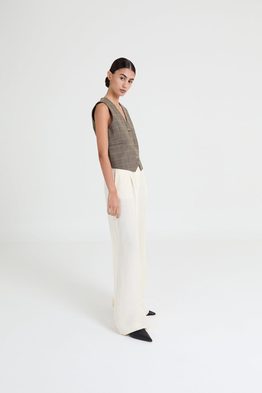 Julie Sleeveless Waistcoat in Stone Grey Checked