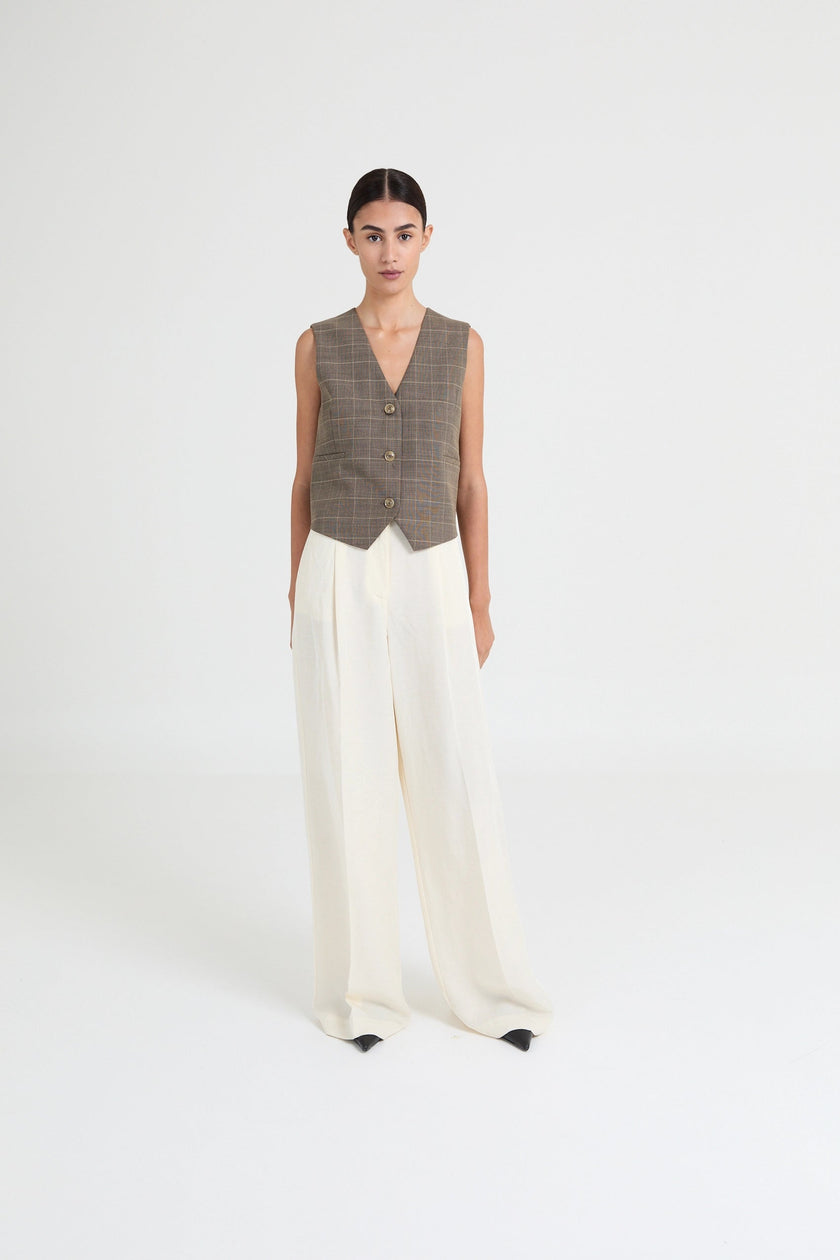 Julie Sleeveless Waistcoat in Stone Grey Checked