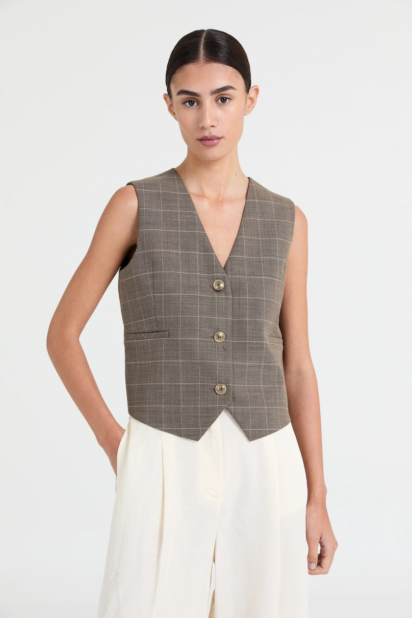 Julie Sleeveless Waistcoat in Stone Grey Checked
