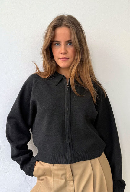 Svea Zip Cardigan in Dark Grey Melange